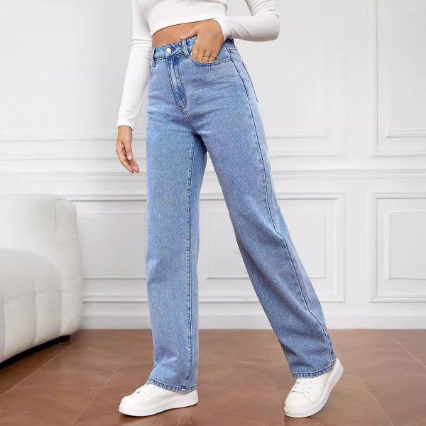 Stretch washed denim fashion straight leg pants, jeans, women's pants 