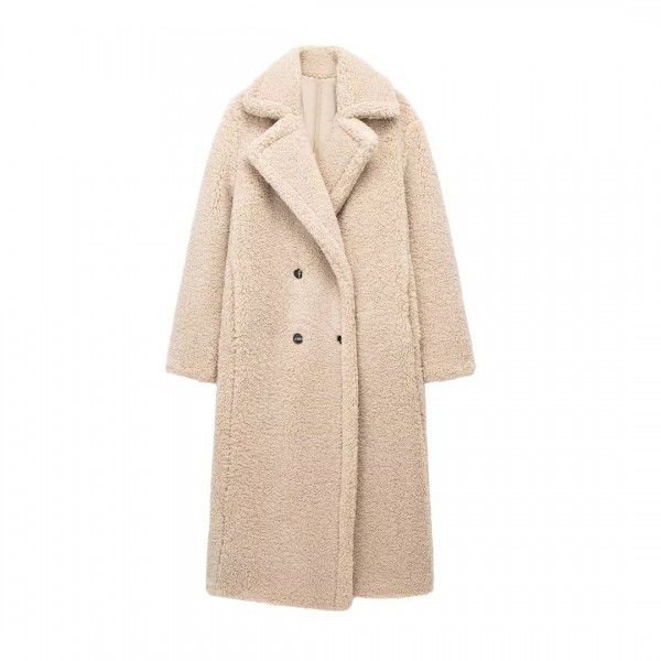 Fleece long double breasted warm coat for women