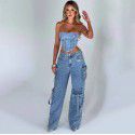 Low waist three-dimensional pocket splicing jeans for women, loose and hanging feeling, slimming pants