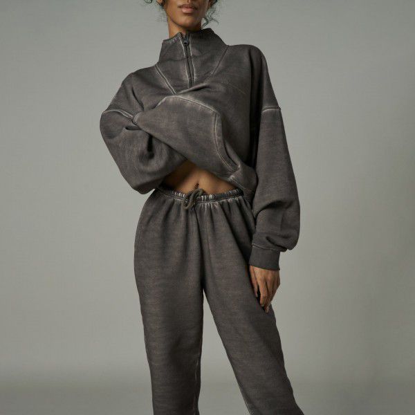Retro wash hoodie set for women, fashionable zipper, semi open collar, long sleeved jacket, sweatpants two-piece set