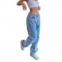 High waisted straight leg pants, washed long pants, cotton denim, women's casual new low waisted jeans 