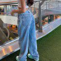 High waisted straight leg pants, washed long pants, cotton denim, women's casual new low waisted jeans 