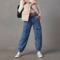 Workwear jeans for women in autumn, fashionable and casual, elastic waistband, foot binding, loose fitting women's pants