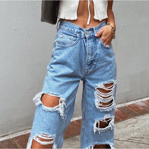 High waisted thin cut wide leg ripped jeans for women