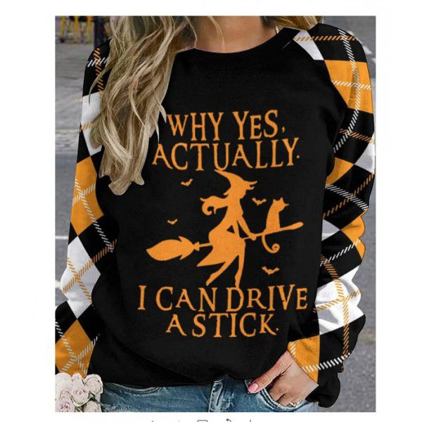 Halloween witch print shoulder length long sleeved women's hoodie casual top