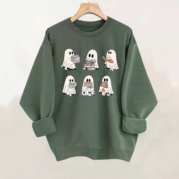 Halloween ghost print pullover hoodie casual long sleeved round neck autumn/winter hoodie for women