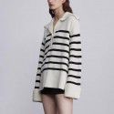 Big collar black and white striped sweater, women's autumn and winter new knitted sweater