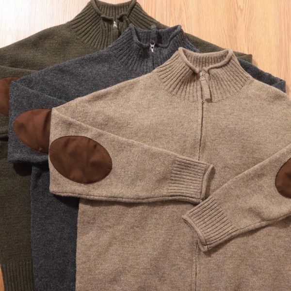 Retro knitted elbow patch stand up collar cardigan men's loose casual sweater jacket