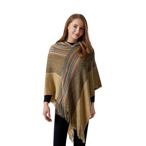 Women's shawl with hat, colorful silk scarf, cape, new autumn and winter women's warm tassel pullover knitted sweater