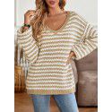 Winter casual women's V-neck loose striped long sleeved sweater