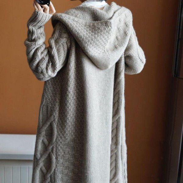Women's hooded thick knitted cardigan long women's coat sweater jacket