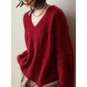 Soft and sticky imitation mink fur V-neck long sleeved sweater for women in autumn and winter, lazy style loose knit sweater, fashionable top