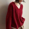 Soft and sticky imitation mink fur V-neck long sleeved sweater for women in autumn and winter, lazy style loose knit sweater, fashionable top
