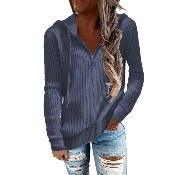 Solid color casual hoodie, loose zipper cardigan, long sleeved hooded knit sweater, women's clothing