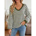 Winter casual women's V-neck loose striped long sleeved sweater