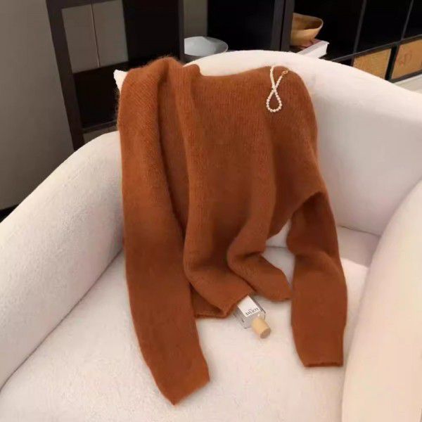 Orange loose sweater for women, autumn and winter European goods, high-end feeling, soft and sticky wool knitted sweater for women