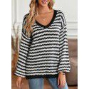 Winter casual women's V-neck loose striped long sleeved sweater