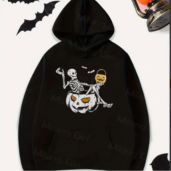 Wansheng New Long Sleeve Pocket Personalized Street Hoodie with Skull and Pumpkin Print Pattern