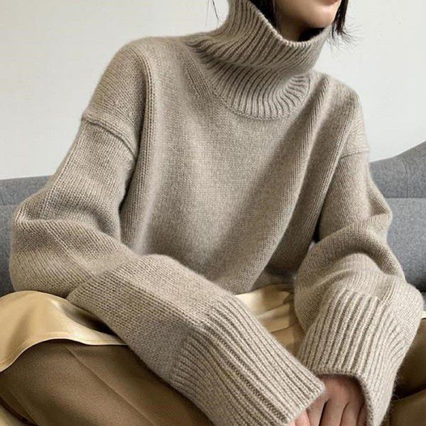 Woolen sweater women's high neck pullover versatile, thick silhouette loose and lazy style base sweater women