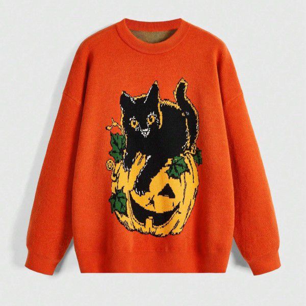Halloween New Round Neck Loose Pumpkin Cat Jacquard Long Sleeve Knitted Sweater