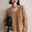 Soft and sticky imitation mink fur V-neck long sleeved sweater for women in autumn and winter, lazy style loose knit sweater, fashionable top