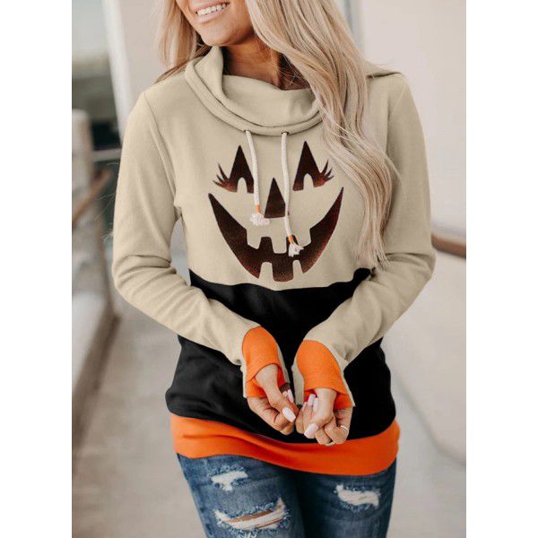 Halloween sports hoodie with thumb cover, round neck, long sleeved women's top, T-shirt