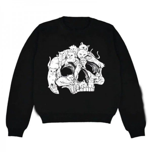 Personalized loose fitting hooded skull cat print pattern long sleeved round neck warm sweater