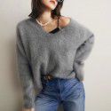 Soft and sticky imitation mink fur V-neck long sleeved sweater for women in autumn and winter, lazy style loose knit sweater, fashionable top