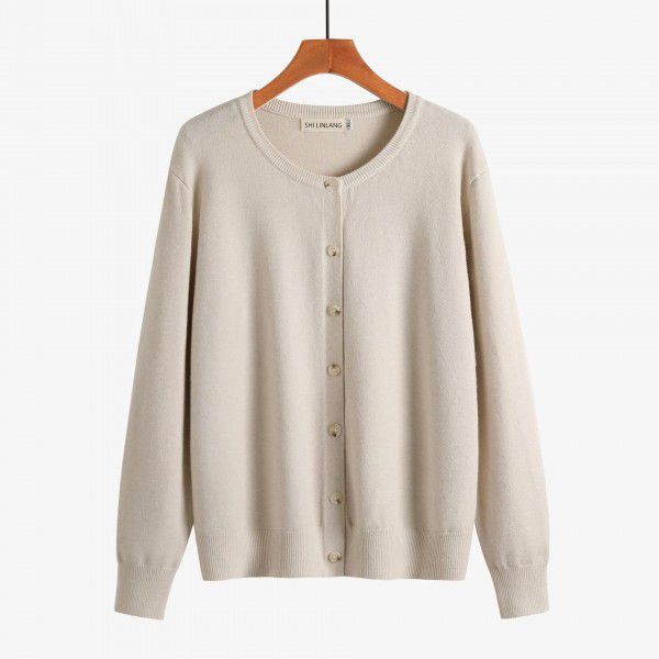 Women's round neck sweater jacket cardigan versatile basic soft and sticky knit sweater