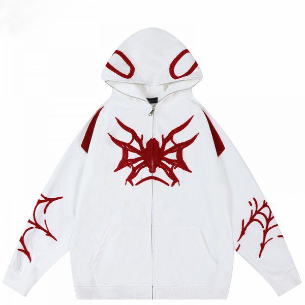 Personalized street woolen embroidery spider pattern trendy long sleeved hooded loose zipper hoodie