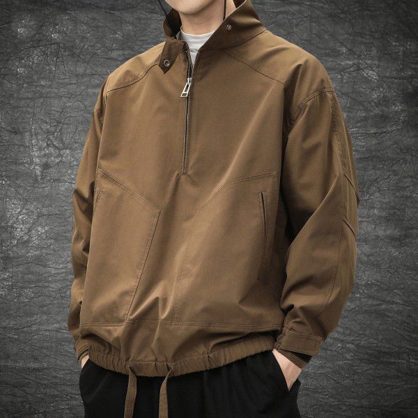 Retro half zipper workwear, coach jacket, men's assault jacket, casual trendy jacket