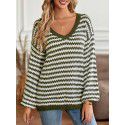Winter casual women's V-neck loose striped long sleeved sweater