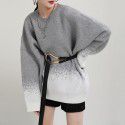 Gradient sweater for women, loose and slimming, mid to long, lazy style round neck knit top