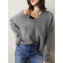 Soft and sticky imitation mink fur V-neck long sleeved sweater for women in autumn and winter, lazy style loose knit sweater, fashionable top