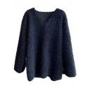 Loose plush V-neck solid color knitted sweater for women