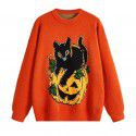 Halloween New Round Neck Loose Pumpkin Cat Jacquard Long Sleeve Knitted Sweater
