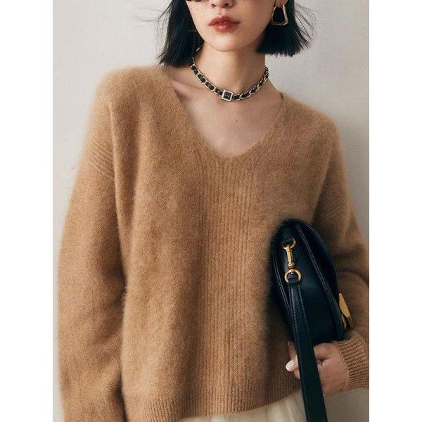 Soft and sticky imitation mink fur V-neck long sleeved sweater for women in autumn and winter, lazy style loose knit sweater, fashionable top