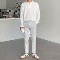 Men's simple V-neck long sleeved T-shirt loose casual top Korean version trendy white T solid color base shirt trend