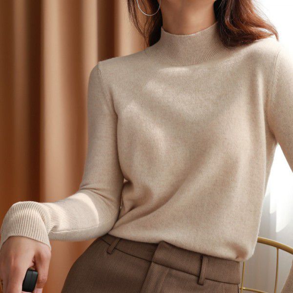 Hooded semi high neck base sweater for women, slim fit sweater for women, autumn and winter top, wool knitted sweater for women