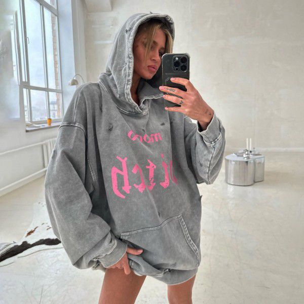 Retro washed water vintage hooded sweatshirt for women, autumn and winter jacket for women, American high street loose casual tattered top for women