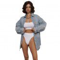 Broken hole distressed cowhide jacket for women, retro style, mid length, lapel, fashionable denim shirt