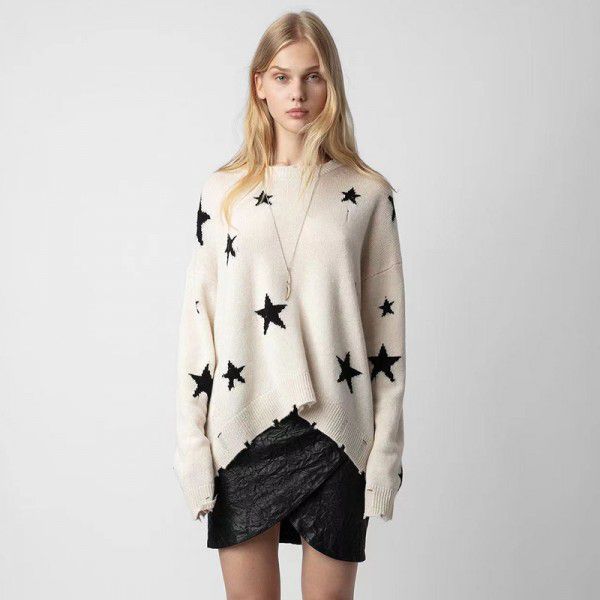 Star pattern broken hole cashmere loose fitting women's knitted sweater sweater