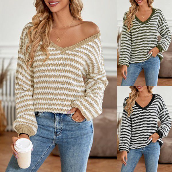 Winter casual women's V-neck loose striped long sleeved sweater