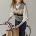 Retro college style striped knitted vest, knitted gradient layered top, inner and outer, women's clothing for spring